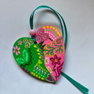 Funky hand painted pink and green wooden heart 