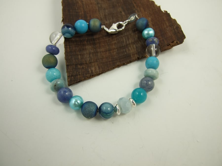 Mixed Gemstone Bracelet in Blue Tones with Sterling Silver
