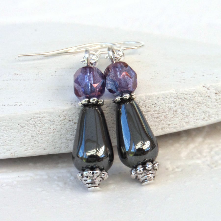 Hematite and crystal drop earrings