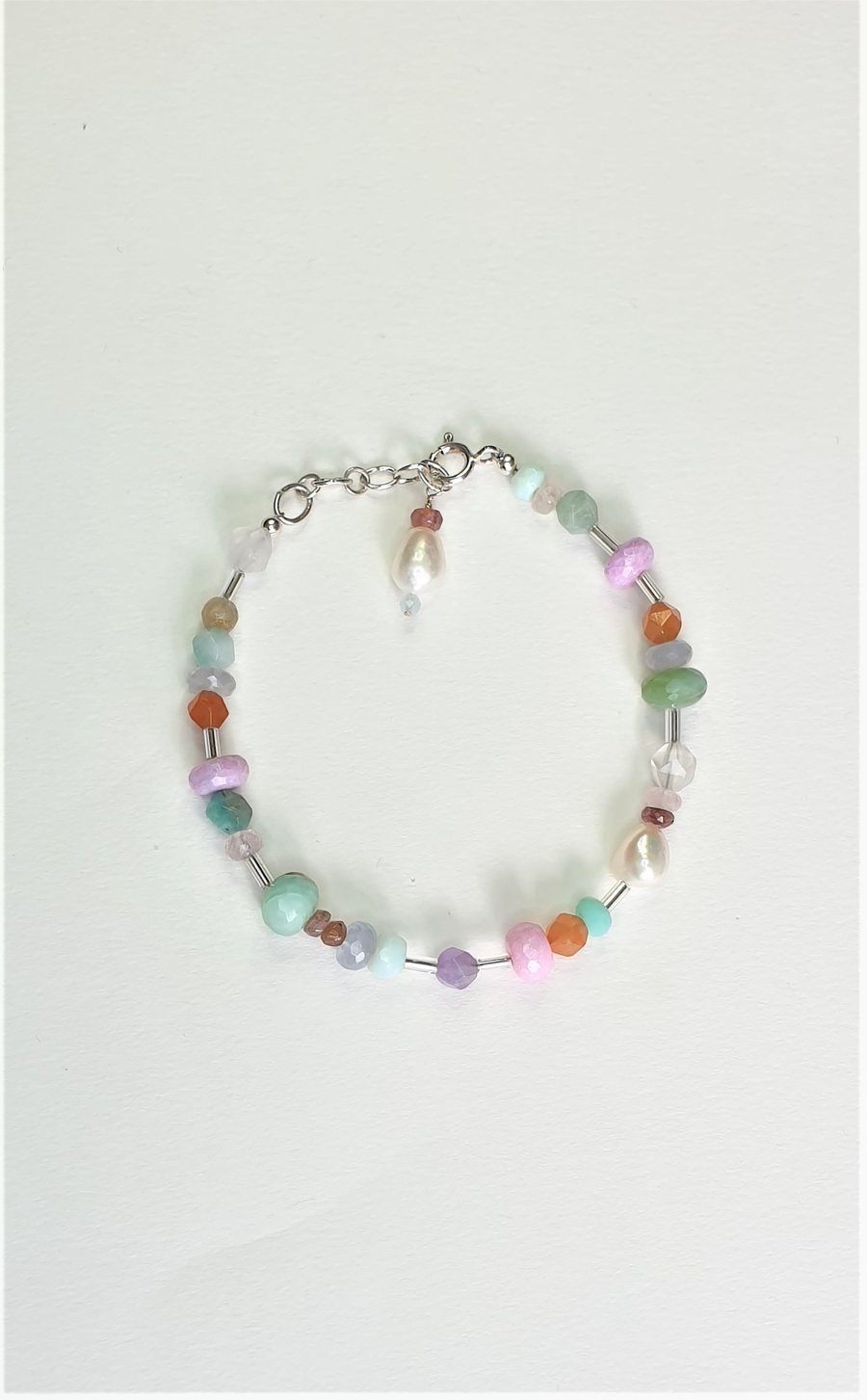 Mixed Gemstones and Pearls bracelet, Handmade with Sterling Silver