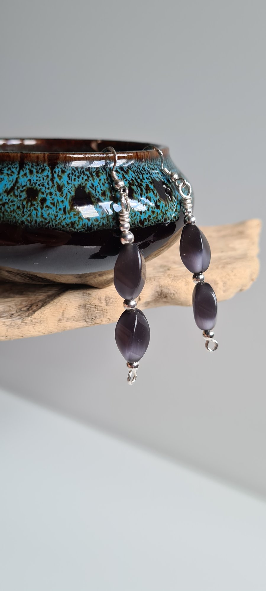 Handmade 925 Silver and Grey Cats Eye Style Beaded Dangle Drop Earrings 
