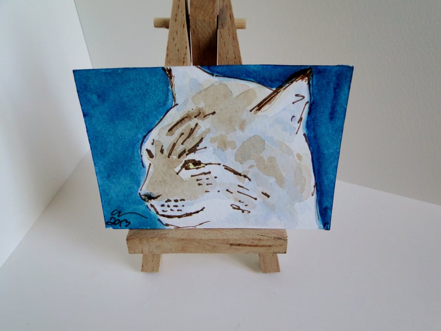 ACEO Animal Art Lynx Look Original Watercolour and Ink Painting OOAK Cat 