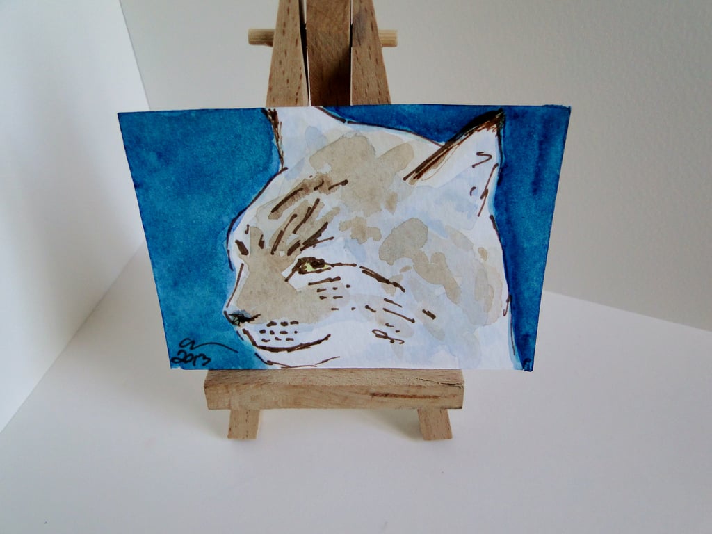 ACEO Animal Art Lynx Look Original Watercolour and Ink Painting OOAK Cat 
