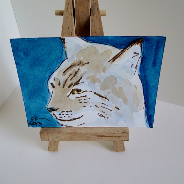 ACEO Animal Art Lynx Look Original Watercolour and Ink Painting OOAK Cat 
