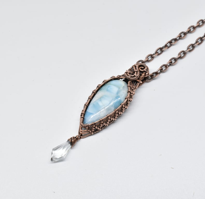 Wire Woven Larimar, Clear Quartz and Copper Pendant
