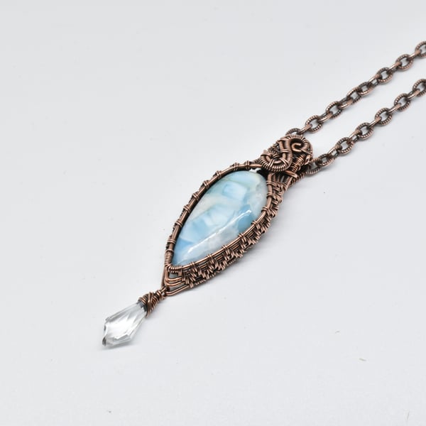 Wire Woven Larimar, Clear Quartz and Copper Pendant