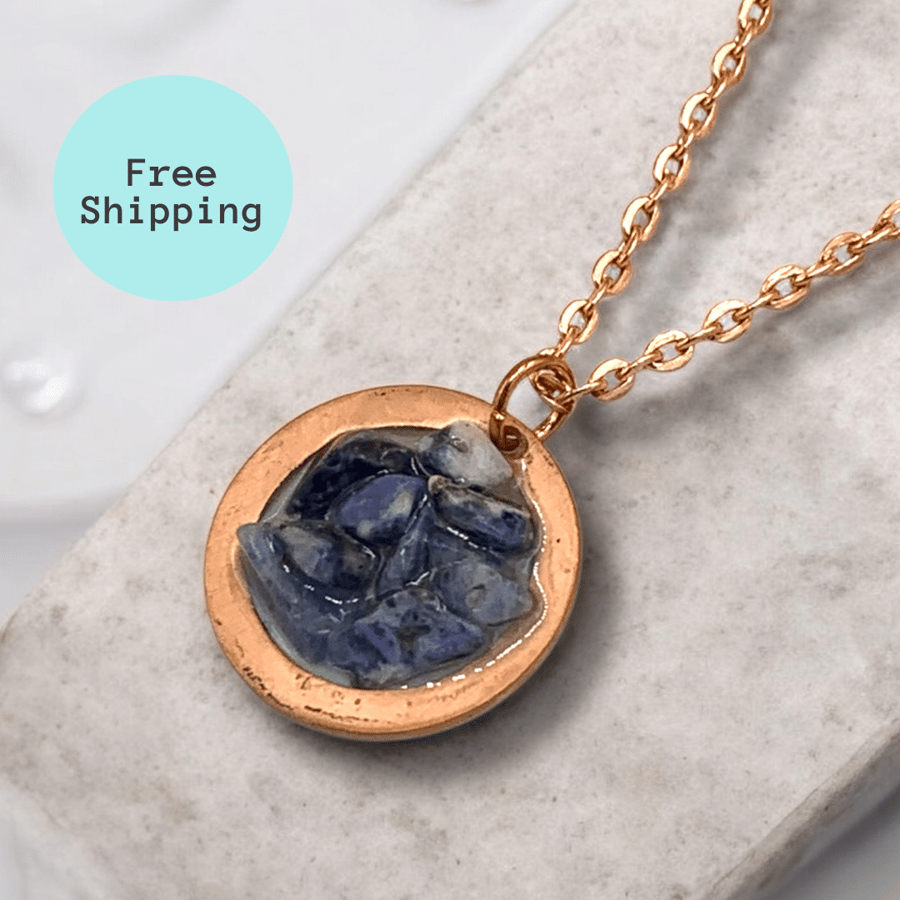 Blue Sodalite Copper Geode Pendant - Calming Throat Chakra Gemstone
