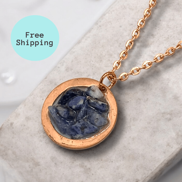Blue Sodalite Copper Geode Pendant - Calming Throat Chakra Gemstone