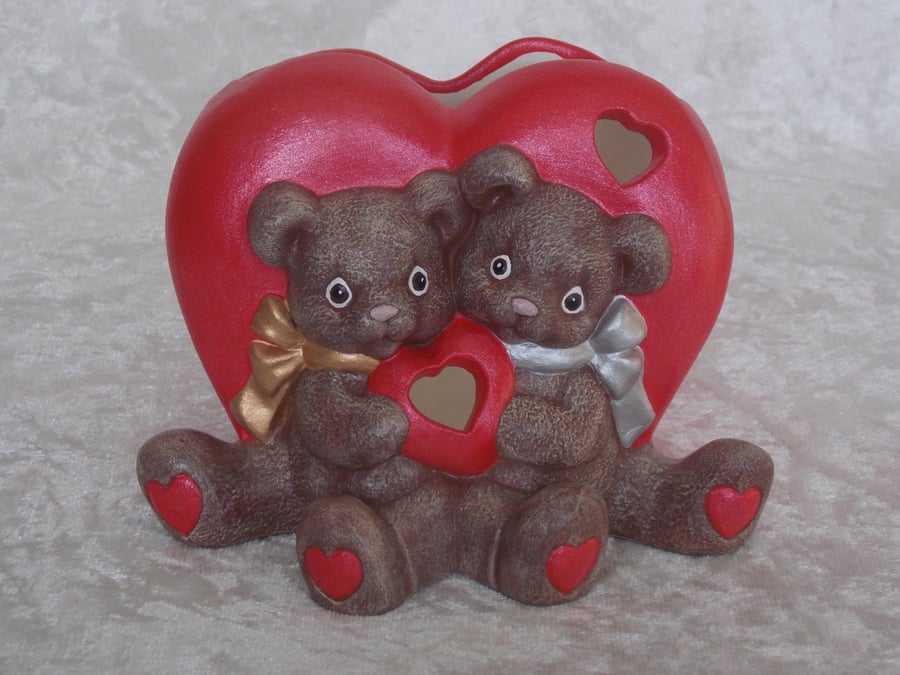 Ceramic Hand Painted Red Heart Brown Teddy Bears Candle Tealight Holder Ornament