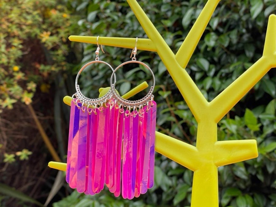 DISCOBUNNY SEQUIN EARRINGS HOT PINK BARBICORE silver plated hoops