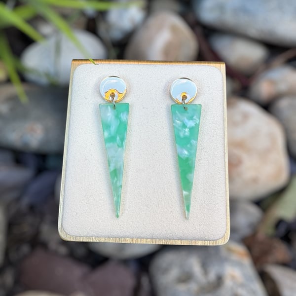 Jade Green Triangle and Gold Circle Acrylic Earrings