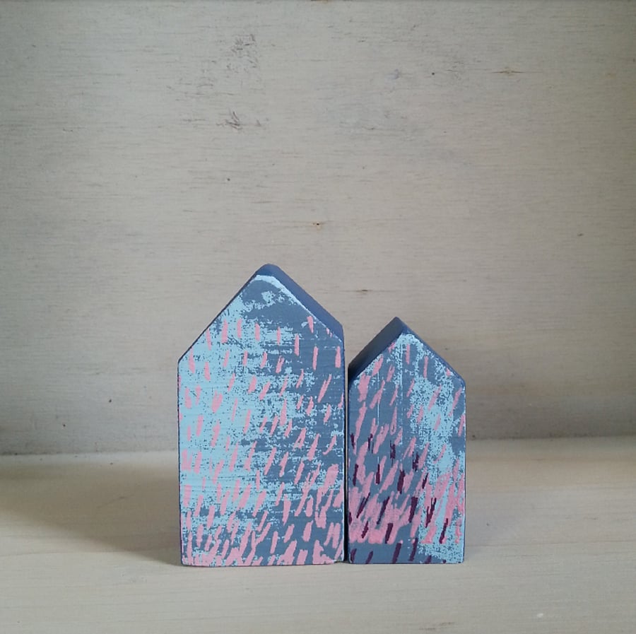Miniature Wooden Houses, Set of 2 House Ornaments, 5th Anniversary, Housewarming