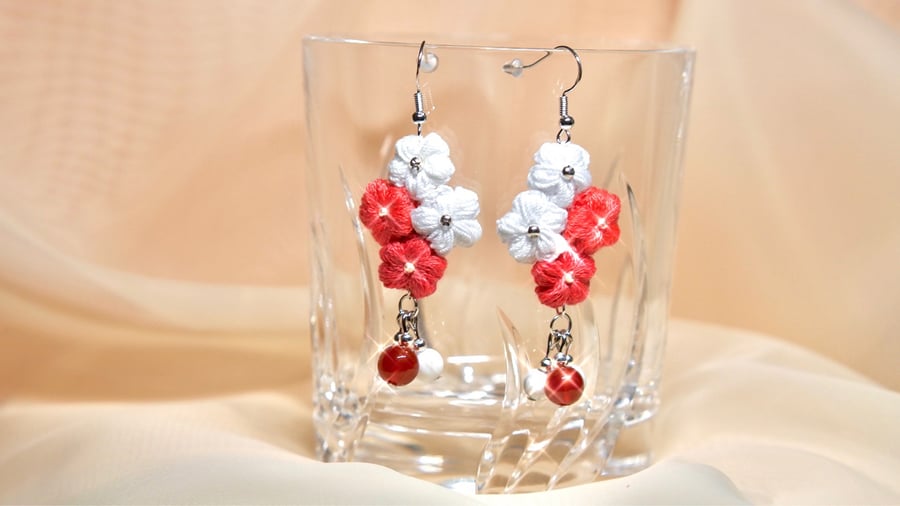 Red Carnelian, White Howlite Microcrochet Floral Earrings 
