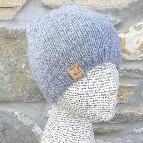 Small Beanie. Child’s Hat. Grey Hat. Hand Knitted Hat. Seed Bead Hat. Wool Hat.