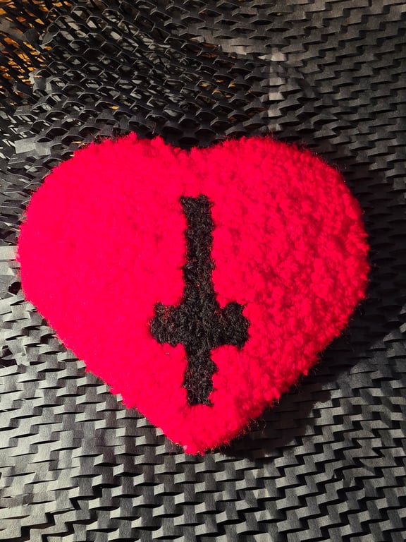 Red Heart Punch Needle with Cross Gothic Desk Rug Mug Rug or Mouse Mat 
