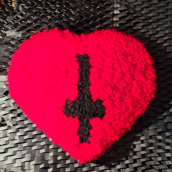 Red Heart Punch Needle with Cross Gothic Desk Rug Mug Rug or Mouse Mat 
