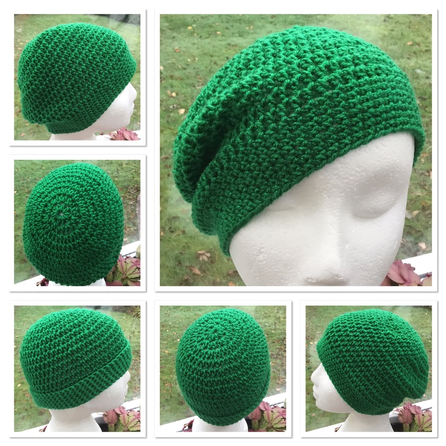 Emerald Sparkle! Crocheted Soft Beret, Beanie or Slouchy Hat with Twinkle Yarn.