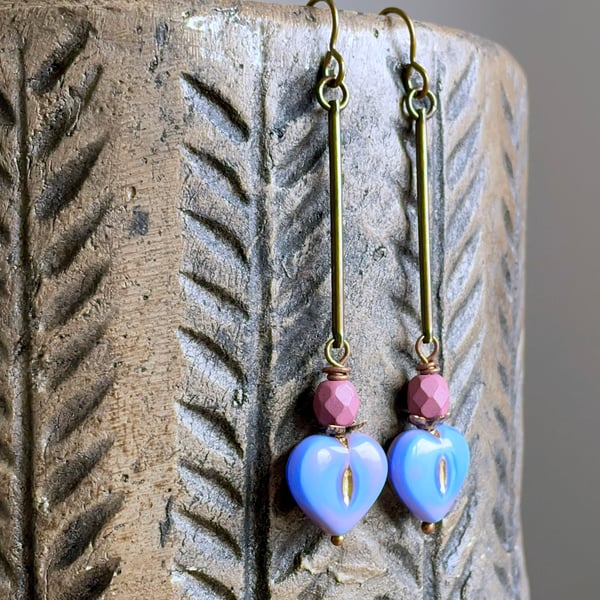 Blue & Pink Czech Glass Heart Earrings. Long Brass Earrings. Bohemian Style 