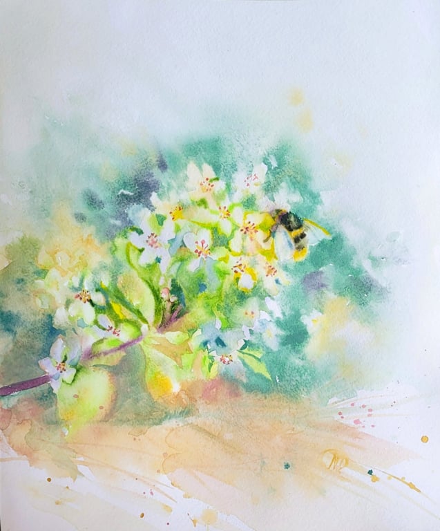 Original Bumble Bee and Apple Blossom Watercolor Painting - Floral Branch Art