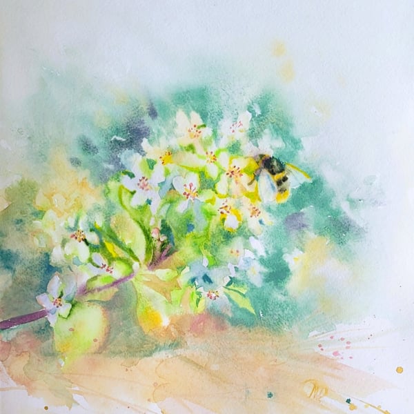 Original Bumble Bee and Apple Blossom Watercolor Painting - Floral Branch Art
