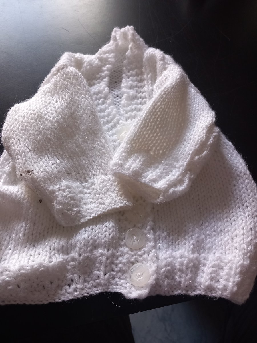 Baby cardigan, booties, bonnet matinee set in white