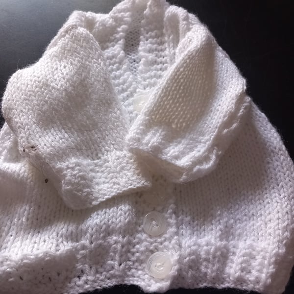 Baby cardigan, booties, bonnet matinee set in white