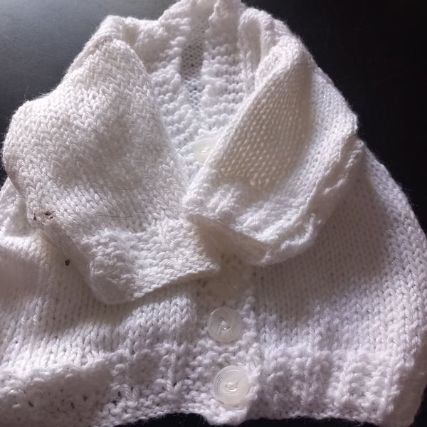 Baby cardigan handknitted in acrylic yarn in white baby shower new baby homecom