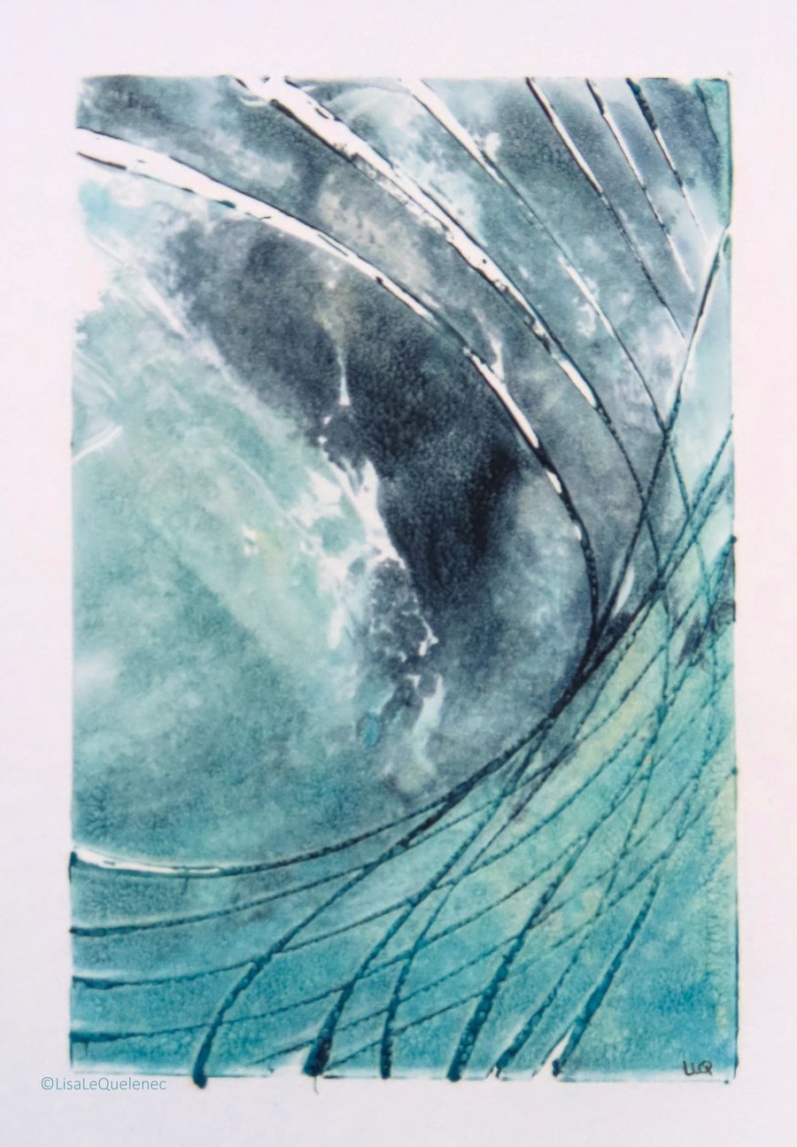 Big storm surf wave monoprint semi abstract minimalist ocean art