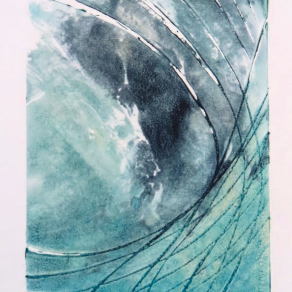 Big storm surf wave monoprint semi abstract minimalist ocean art