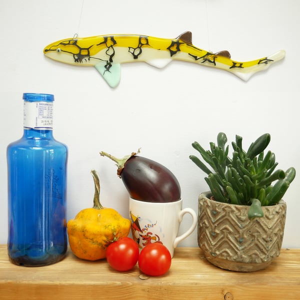 Catshark Fused Glass Shark, Glass Wall Art Hanging Decoration