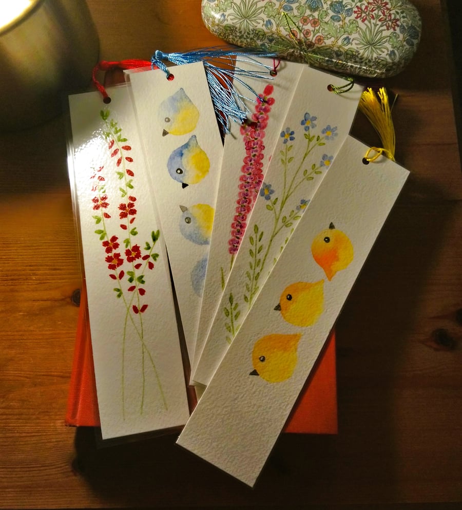 Pack of 5 Original Hand Painted Floral & Bird Bookmarks