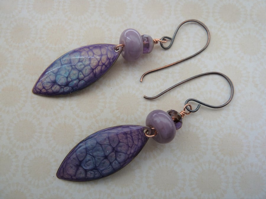 purple lampwork and copper earrings