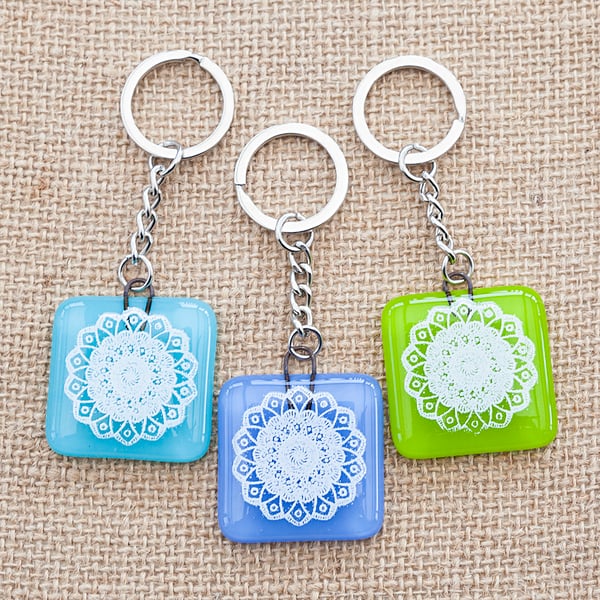 Mandala Fused Glass Keyrings Keychains Screen-printed Enamel Design One