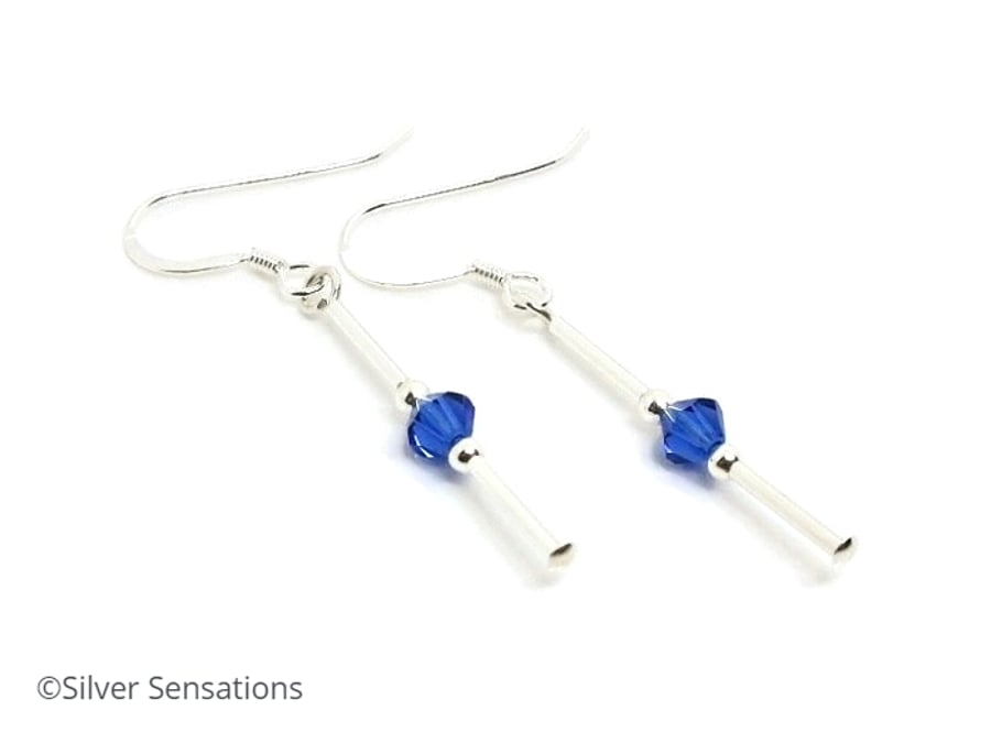 Blue Sapphire Premium Crystal Earrings With Sterling Silver Tubes