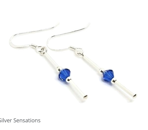 Blue Sapphire Premium Crystal Earrings With Sterling Silver Tubes