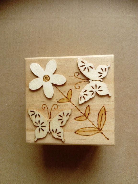 Handmade Engraved Wooden Keepsake Box. Butterfly & Flower Design Jewelry box.