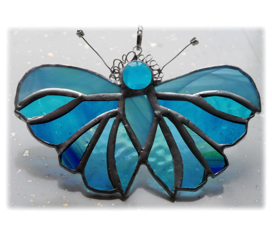 Teal Butterfly Suncatcher Stained Glass Handmade Turquoise 083