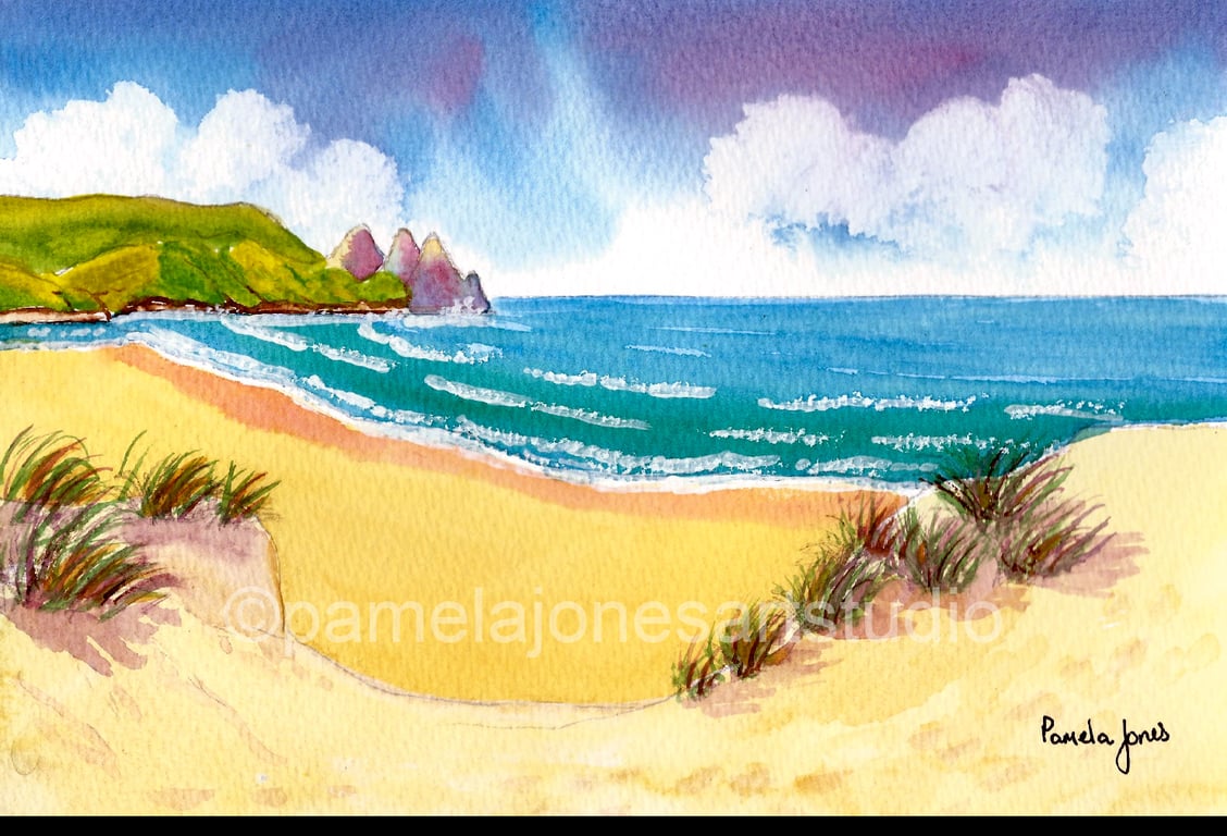 Three Cliffs Bay, Gower, Original Watercolour in 14 x 11'' Mount.