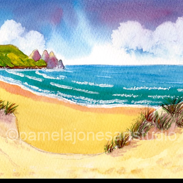 Three Cliffs Bay, Gower, Original Watercolour in 14 x 11'' Mount.