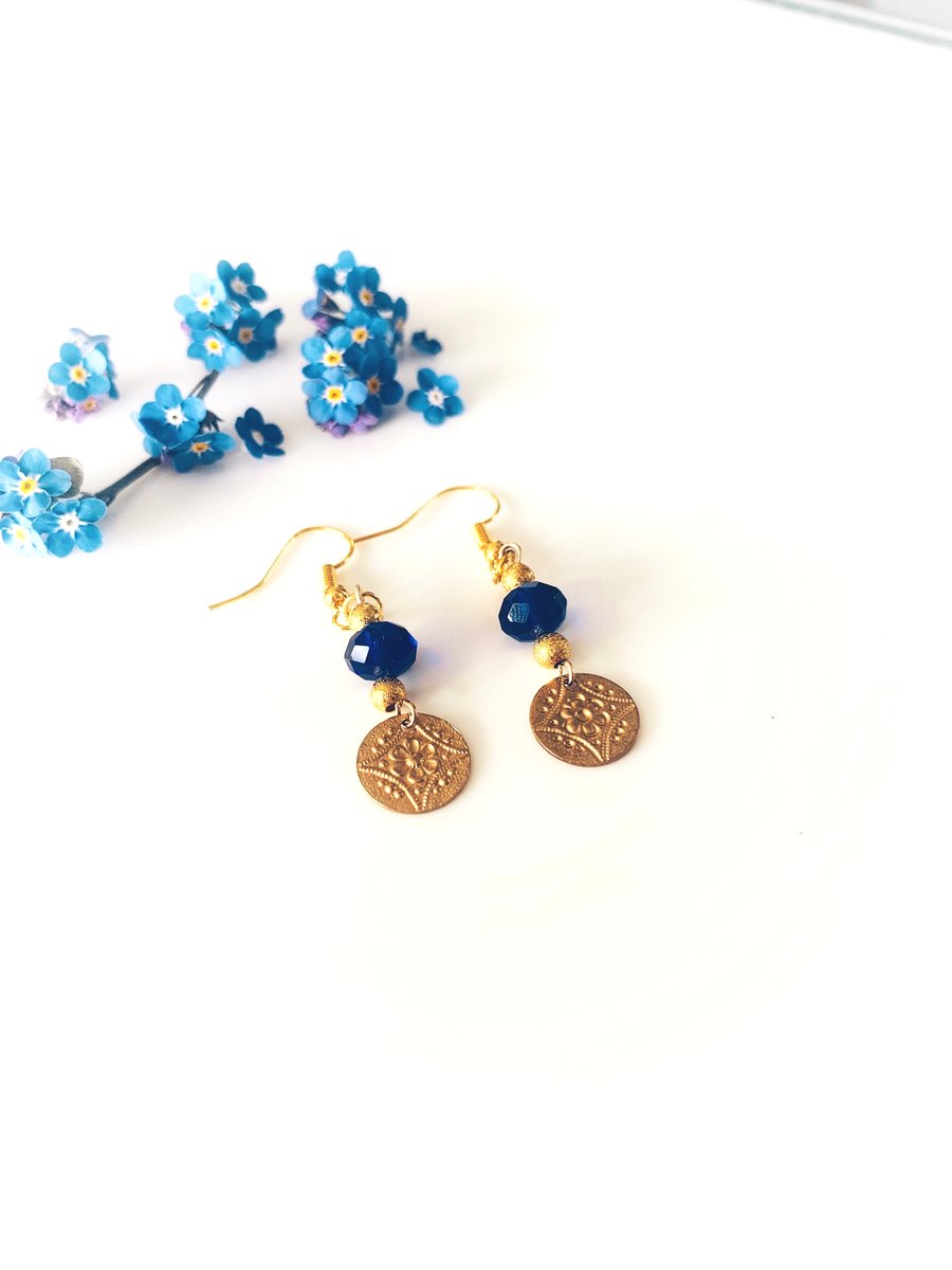 Vintage style dangle gold and blue earrings, boho earrings 