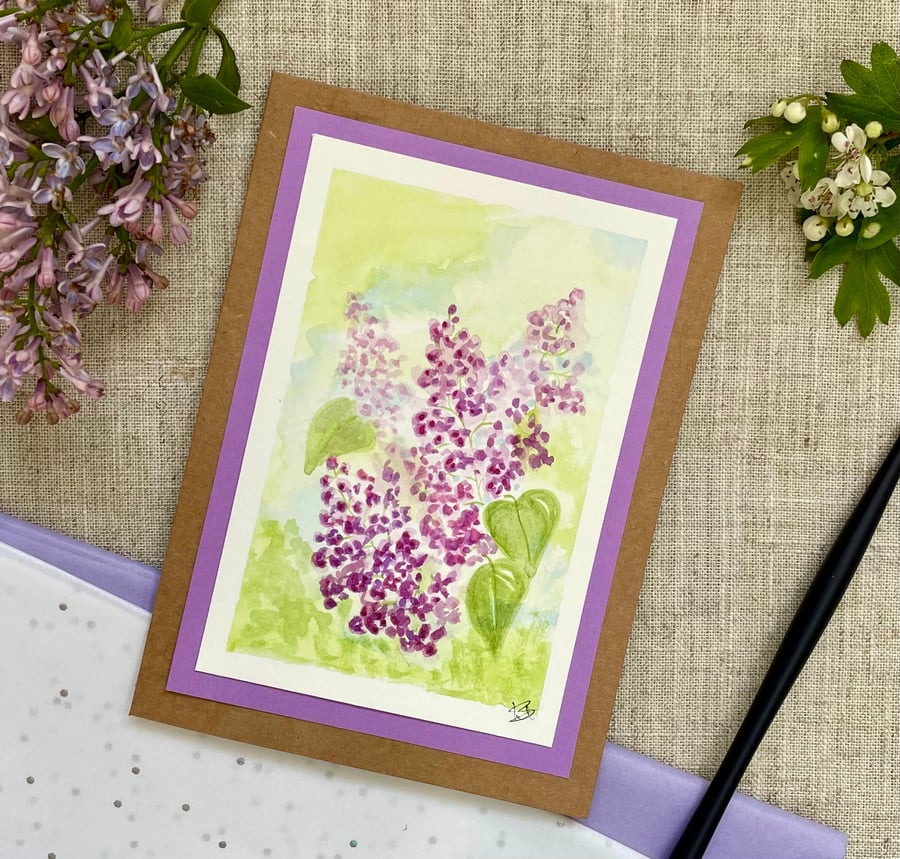 Hand painted blank greeting card, lilac blossom, hand painted original artwork. 
