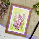 Hand painted blank greeting card, lilac blossom, hand painted original artwork. 