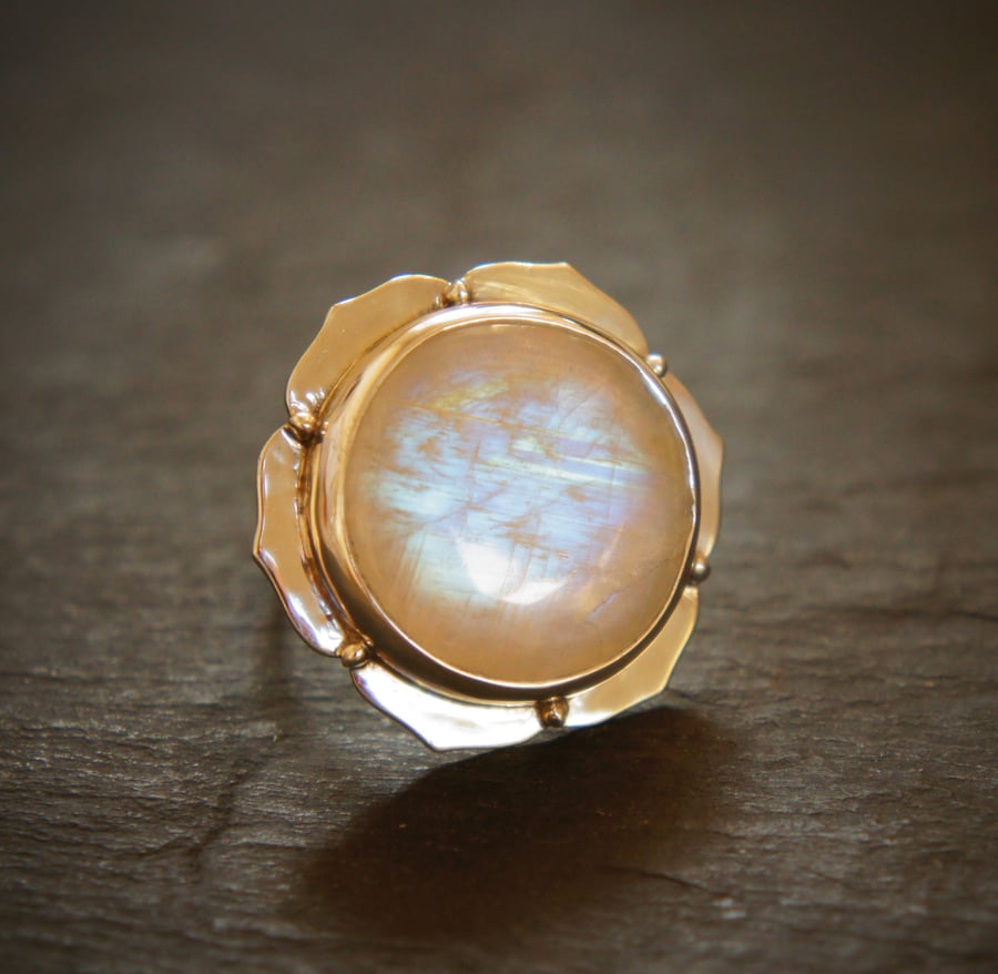 Blue Rainbow Moonstone and Sterling Silver Lotus Ring