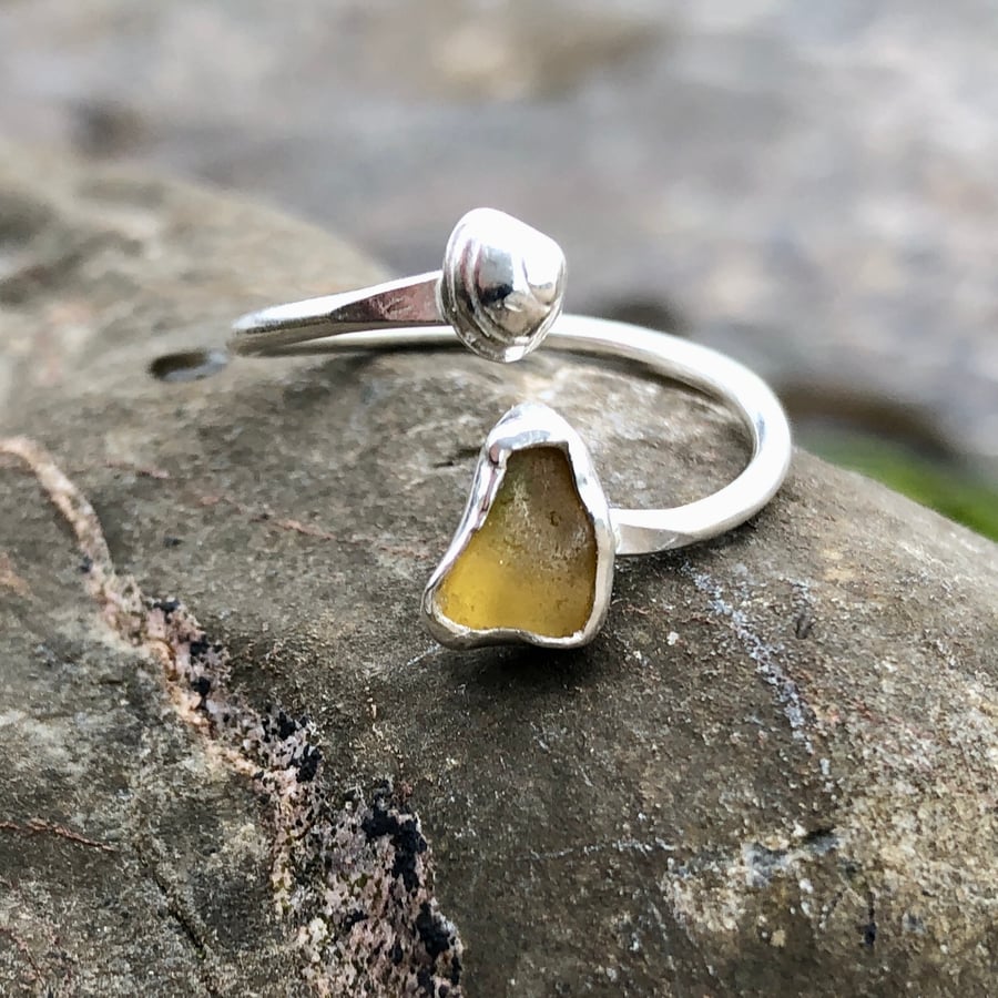 Honey Yellow Sea Glass and Sterling Silver Spiral Adjustable Ring - 1195