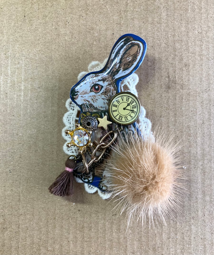 kitsch Upcycled Handmade Rabbit Alice in Wonderland Brooch 