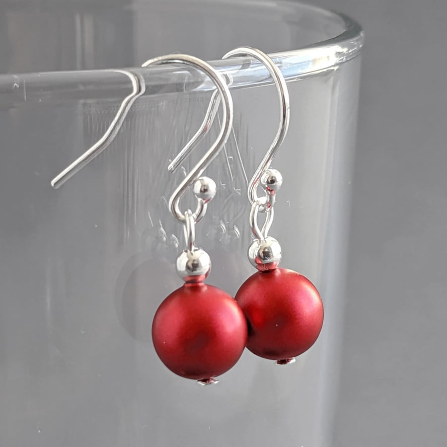 Simple Bright Red Pearl Drop Earrings - Everyday Scarlet Pearl Dangle Earrings