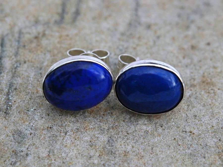 Sterling Silver Oval Stud Earrings with Lapis lazuli Gemstones