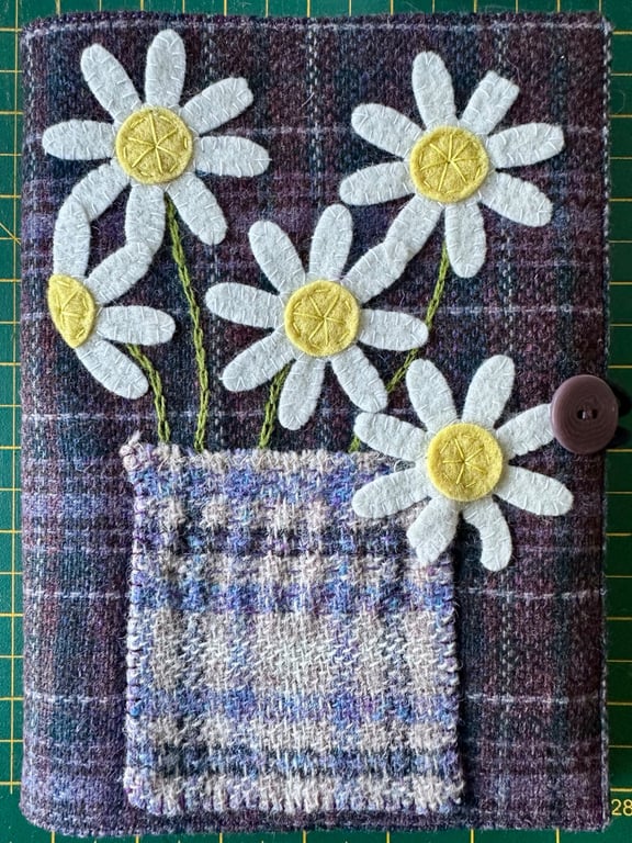 Hand Stitched Pot of Daisy Flowers Welsh Tweed Journal Cover & Notebook
