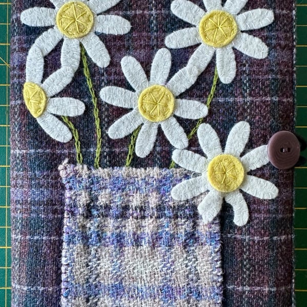 Notebook & Journal Cover with Daisy Flowers in Felt & Vintage Welsh Tweed 