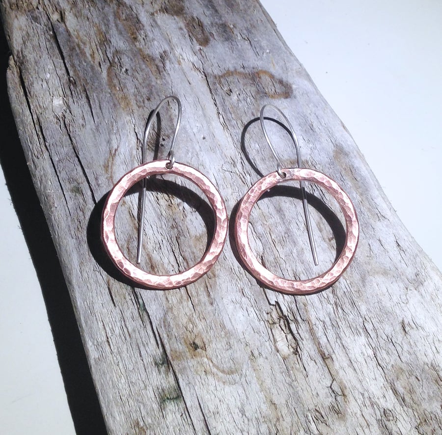 Hammered Antiqued Copper Hoop Drop Earrings - UK Free Post